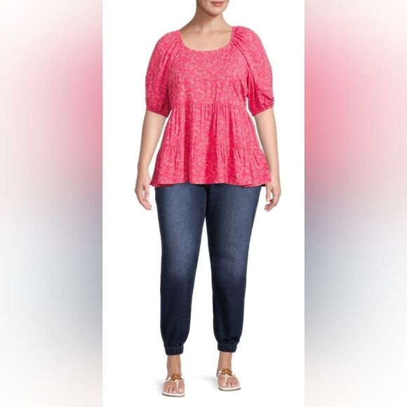Women's Plus Size Puff Sleeve Square Neck Babydoll Top in ditzy cherry vanilla - Picture 1 of 10